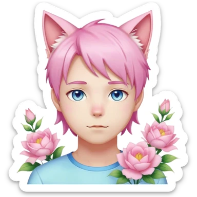 Pastel effeminate young femboy man with pastel pink shiny hair, pink cat ears, pastel yellow blouse, blue eyes, cute, gorgeous, anime, catboy, romantic, beautiful, flowers, aesthetic sticker