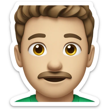 boy with brown hair and blue eyes with a moustache. wearing a green shirt. holding a football  sticker