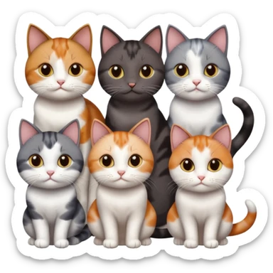 5 different coloured short haired cats including; a dark brown and white cat, and a dark grey and white, and a calico sticker