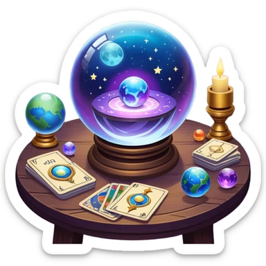 a mystical icon featuring a crystal ball (fortune-telling sphere) on a table with tarot cards scattered around. Surround the scene with planets, stars, and zodiac signs. The design is vibrant, magical, and evoke a sense of mystery and spirituality, with glowing effects and a cosmic atmosphere. sticker