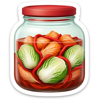 Kimchi Cinematic Realistic Kimchi Dish Emoji, depicted as spicy, fermented cabbage with vibrant red hues neatly served in a traditional jar, rendered with dynamic textures and bold, appetizing lighting. sticker