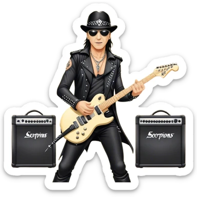 Icon for Rock Music: Klaus Meine performing with Scorpions on stage, with electric guitars and powerful stage presence. The vibe should capture the energetic and iconic sound of Scorpions, with vibrant lighting and a stadium atmosphere. Transparent background. sticker