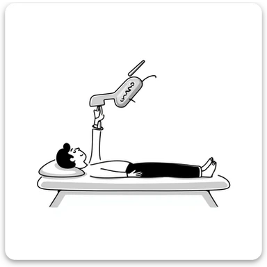 Detailed illustration of DEXA scan procedure with male patient lying on table, bone density measurement machine with scanning arm positioned over patient's body sticker