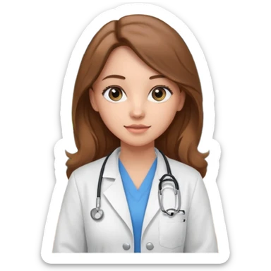 pretty female nursing student with long brown hair, blue eyes inside a classroom at university with blackboard behind her sticker