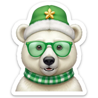 head and shoulders of a friendly anthropomorphised polar bear wearing oversized colorful star glasses, green hat, shamrock accessories, festive shirt sticker