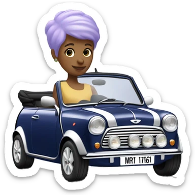 navy blue convertible Mini Cooper, with short, lilac colored haired woman driving - update woman to fair skinned sticker