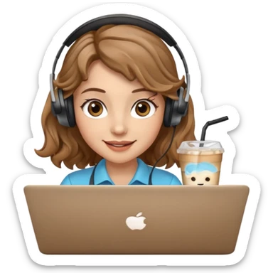 Women in front of laptop with a happy face, light brown wavy hair, light brown big eyes, light skin with a iced coffee on the side sticker