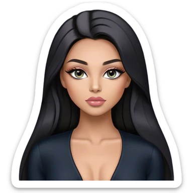 Glamours, tanned, very beautiful girl, with big pump peach-beige-rose lips, eyeliner, long long lashes, black straight smooth silky long hair, straight parting hair, blue-grey eyes, black bodysuit long-sleeves sticker