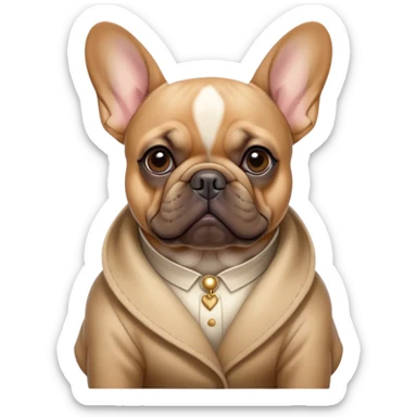 Cinematic Noble Fawn French Bulldog Portrait Emoji, Poised and regal, with a compact, muscular build and a sleek, well-groomed fawn coat, deep-set soulful dark eyes, Simplified yet sharp and sophisticated features, highly detailed, glowing with a soft, dignified glow, high shine, intelligent and determined, stylized with an air of authority, focused and attentive, soft glowing outline, capturing the essence of a watchful and confident companion, so majestic it feels as though it could strut out of the screen with effortless authority! sticker