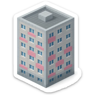 Russian panel apartment building, square block, light gray, alternating pink and white windows, isometric view sticker