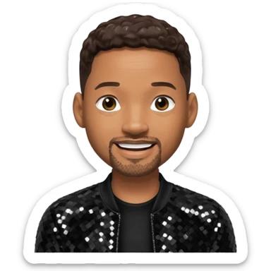 Will Smith with dark brown hair, black sequin outfit sticker