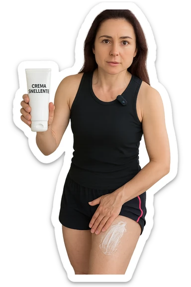 Donna con cellulite sulle cosce che usa una crema chiamata "Crema snellente" sticker