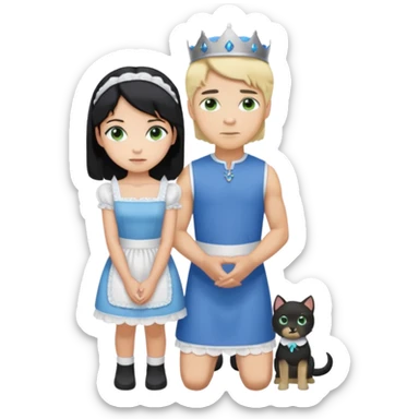 Prince, standing, black hair, blue eyes, garmont, and maid, blonde Hair, green eyes, white short sleveless dress, kneeling  sticker