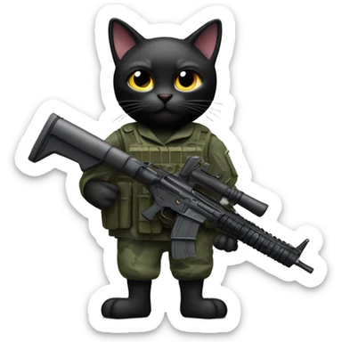 Black cat wearing army fatigues wielding a machine gun sticker
