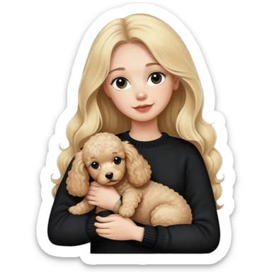 blonde girl with long hair in a black sweater holds a Poodle puppy in her arms sticker