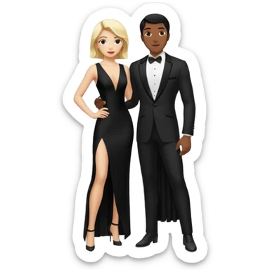 Blonde woman, black, Long, tight, sleveless Dress, Slot left Leg, man, black Hair, in Dinner jacket, Background ballroom sticker