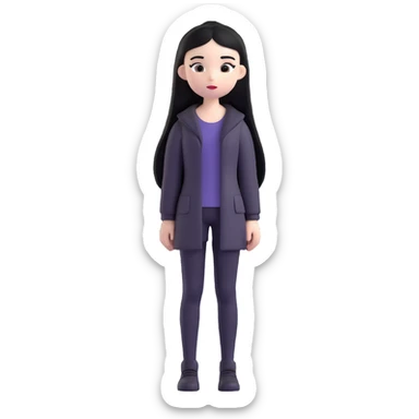 full body emoji of a girl with pale skin, long straight black hair, dressed in all black, standing still, simple background sticker