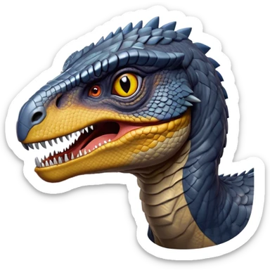 Cinematic Noble Jurassic Velociraptor Portrait Emoji, Poised and menacing, with a sleek, muscular build clad in dark, scaly skin reminiscent of Jurassic Park’s iconic raptor, a sharply curved snout and piercing, intelligent eyes that exude predatory cunning, Simplified yet boldly defined features, highly detailed, glowing with a cool, ominous radiance, high shine, intelligent and relentless, stylized with an air of cinematic prehistoric authority, focused and alert, soft glowing outline, capturing the essence of a watchful and confident Jurassic Velociraptor that appears ready to dash out of the screen with effortless power! sticker