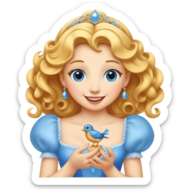 Cinematic Adorable Cinderella Portrait Emoji, Giggling softly while holding a tiny bluebird, golden curls bouncing, eyes sparkling with joy, wrapped in a soft golden glow, exuding warmth and charm, an irresistible blend of beauty and playfulness! sticker