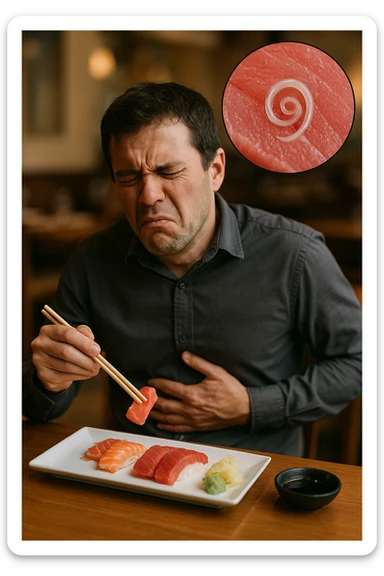 a man sits at a restaurant table, eating a plate of raw fish (such as sushi or sashimi). In a magnified inset, an Anisakis larva is visible inside a piece of fish. The man’s expression changes from enjoyment to sudden discomfort, holding his stomach with a pained look. The background is softly blurred, focusing on the man and the food. in italiano sticker