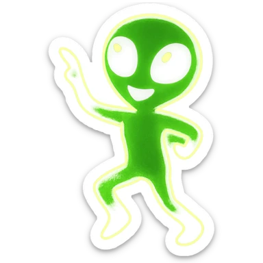 An alien dancing in neon green with an animated style and glowing outline, in a different pose. Highlight the glowing contour and animated neon green effect. sticker