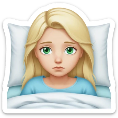 Sad blonde girl bluey green eyes in bed sticker