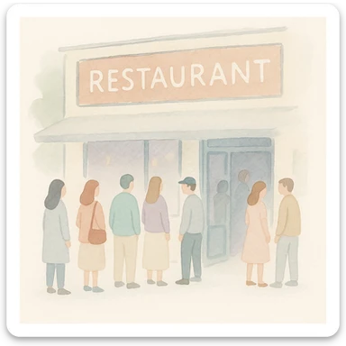 soft watercolor illustration in a minimalist, modern style, crowded popular restaurant exterior with people waiting in line, prominent sign, pastel colors, delicate linework, gentle whimsical mood, minimal soft shading sticker