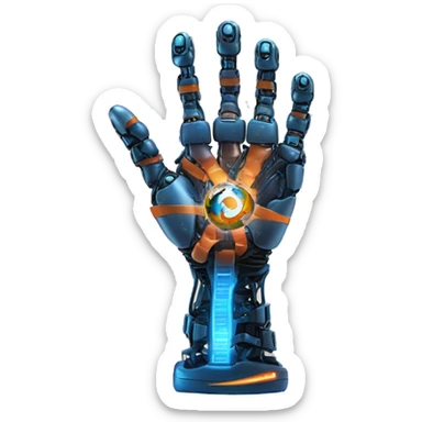 Earth held by a futuristic robotic hand, glowing with blue and orange digital lines, with a high-tech and futuristic atmosphere sticker