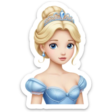 Cinematic Realistic Cinderella Portrait, depicted with lifelike porcelain skin, elegantly styled blonde hair, and a serene, graceful expression. Dressed in her classic ball gown with intricately detailed fabric textures and delicate pastel hues that catch soft, natural lighting, this portrait captures the timeless beauty of a fairy tale princess. sticker
