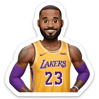 Happy smiling LeBron James in Lakers jersey with beard sticker