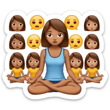 upset woman with brown hair sitting cross-legged in profile, ignoring others, emoji style sticker