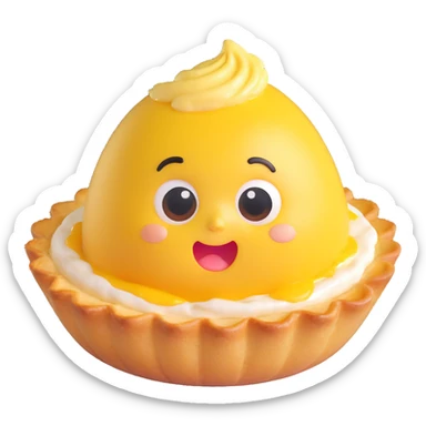 cute 3D egg tart with golden shell, jiggly custard face, big watery eyes, expressive mouth, pastel colors, chubby cheeks, exaggerated emotion, soft lighting, glossy look, kawaii style sticker