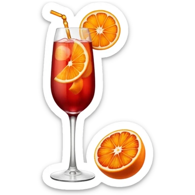 A tall elegant wine glass filled with bright red Campari spritz, with bubbles, an orange slice, and a curled orange peel garnish. sticker