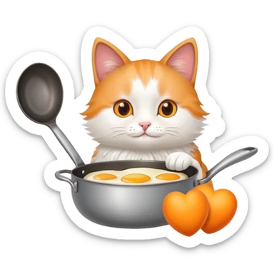 a cat holding a cooking pan with double heart-shaped egg sticker