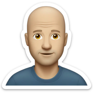 Bald white man with crewneck sticker
