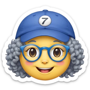 yellow female smiley face emoji, big smile, winking, wearing a backwards blue ball cap, grey curly hair, cat eye glasses, no eye colo sticker