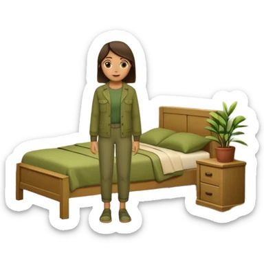 Organizing bedroom with olive green walls, wood bed, plants around, and wood closet sticker