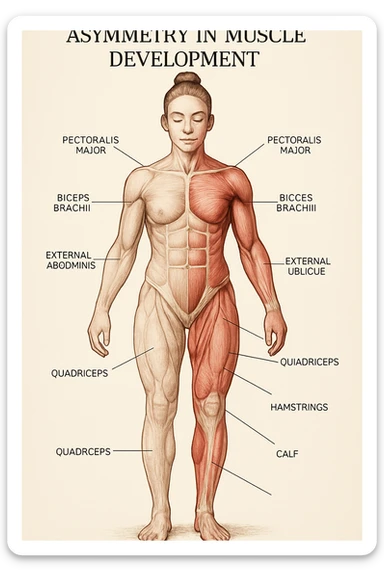 Anatomical style illustration showing a human body with muscles less developed on one side due to asymmetries, highlighting the muscular difference between the two sides, variant 7. sticker