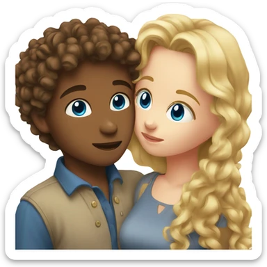 Boy with brown curly hair and blue eyes kissing blond girl  sticker