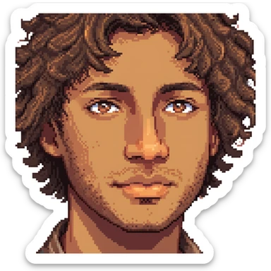 a man with wavy hair, light brown skin, and a small mole on his left cheek, pixel art style, facing slightly to the right sticker
