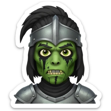 A black male with long black rough hair wearing a knight helmet with green zombie skin  sticker