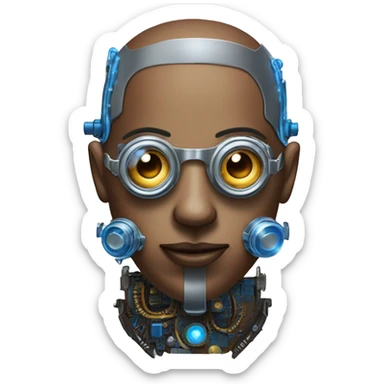 Brown shaved cyborg head with blue beard, silver steampunk monocle goggles and circuits sticker