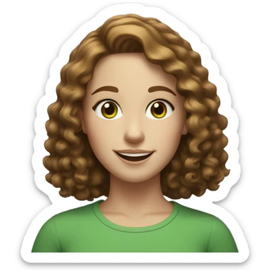 pale young woman with neck length brown curly hair, green eyes, and freckles smiling sticker