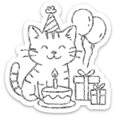 outlined icon of a ginger tabby kitten celebrating birthday, wearing a birthday hat, with birthday cake, balloons, happy expression, and gifts sticker