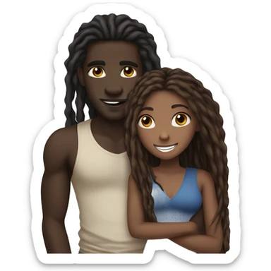 darkskin male with long dreads and blue eyes hugging a light brownskin woman with long dark brown hair and a nice smile sticker