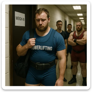 realistic European powerlifter in competition clothing, leaving weigh-in room with bag on shoulder, sad look, other athletes watching, atmosphere of exclusion, detailed, corridor or competition area background sticker