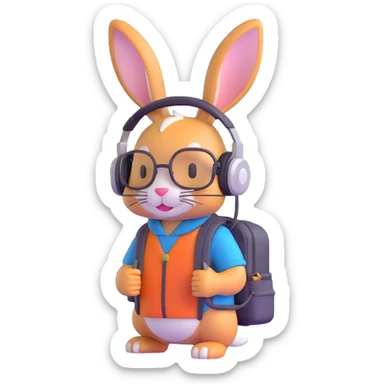 rabbit with headphones and backpack sticker