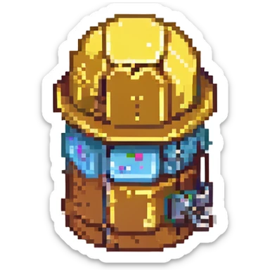 a can wearing a construction hat, pixel art style sticker