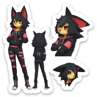 Cool Anthro Black Noibat-Quilava-Litten-Pokémon with edgy stripes hoodie spiked collar punk Full Body sticker