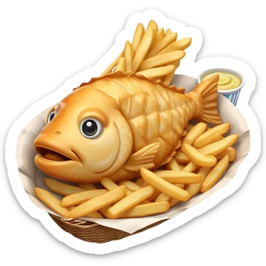 Cinematic Realistic Fish and Chips Dish Emoji, depicted with crispy golden battered fish and chunky hand‚Äêcut chips served in traditional newspaper wrapping, rendered with mouth‚Äêwatering texture and warm natural lighting that captures its quintessential British charm. sticker